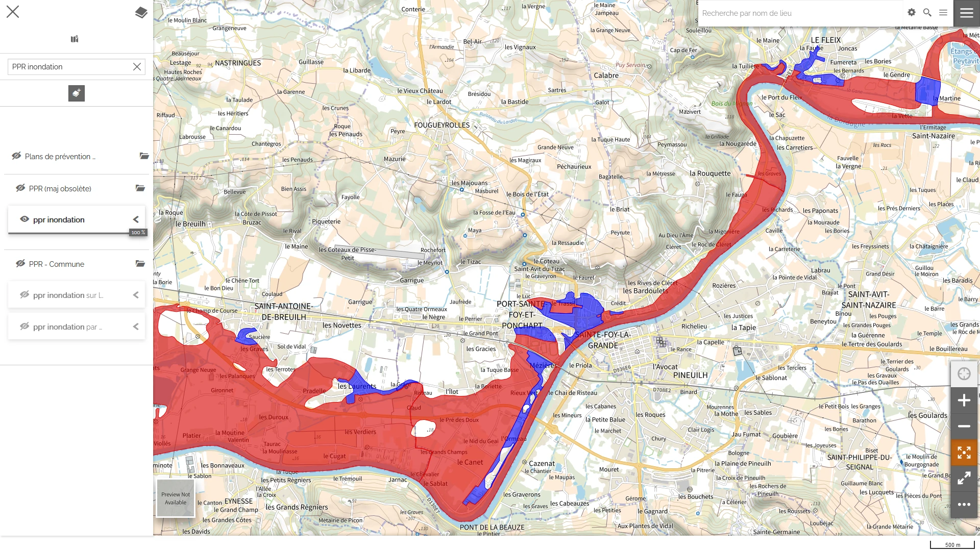 Carte couche ''PPI inondation'' Port-Sainte-Foy-et-Ponchapt