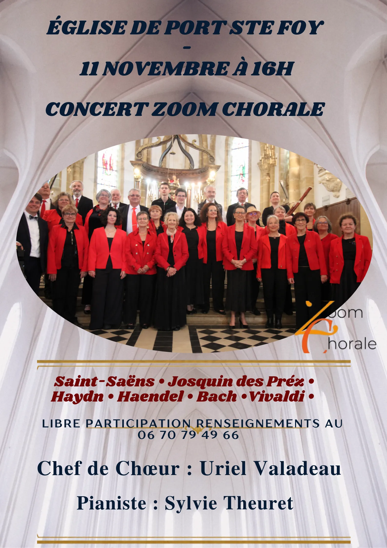 Affiche du concert de Zoom Chorale à l’église de Port-Sainte-Foy, le 11 novembre à 16 h
