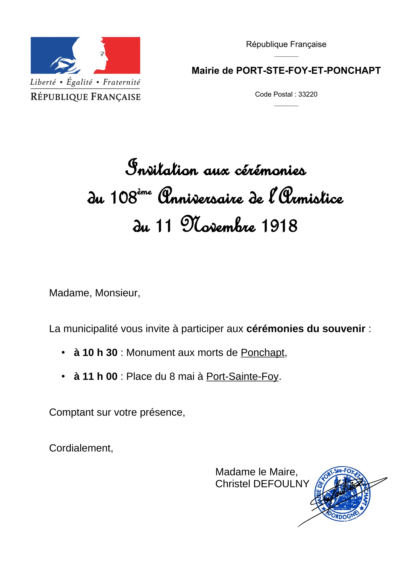 Invitation Cérémonies 11 novembre 2026